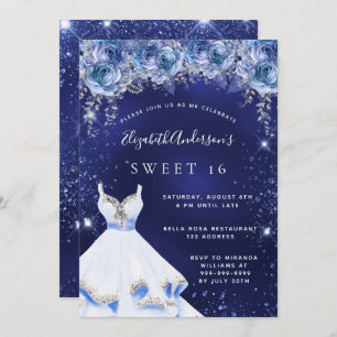 Sweet 16 navy blue glitter dress floral invitation