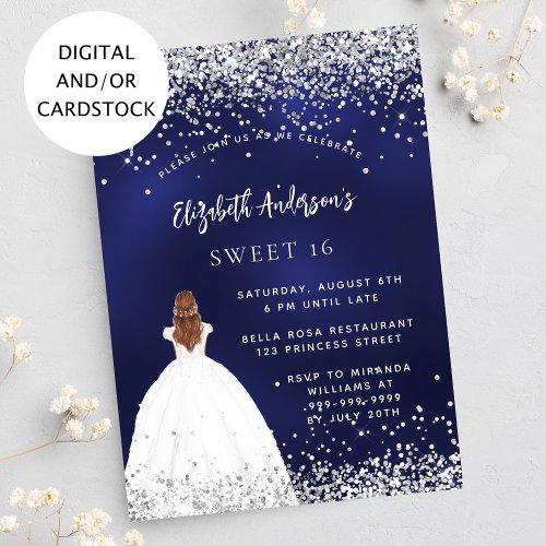 Sweet 16 navy blue glitter dress invitation