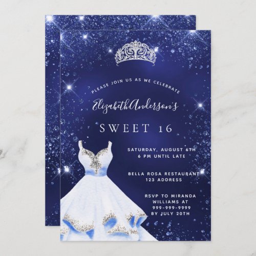 Sweet 16 navy blue glitter dress tiara glamorous invitation