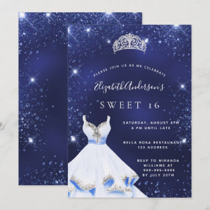 Sweet 16 navy blue glitter dress tiara invitation