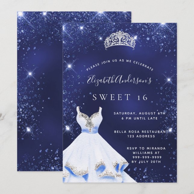 Sweet 16 navy blue glitter dress tiara invitation (Front/Back)