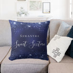 Sweet 16 navy blue glitter dust name throw pillow<br><div class="desc">A pillow for a Sweet 16,  16th years old girls room. A navy blue background with faux glitter dust. The blue color is uneven. The text: Sweet Sixteen 
 is written in white with a large modern hand lettered style script. Personalize and add a name.</div>