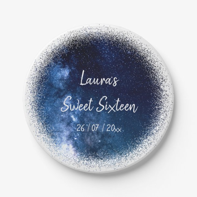 Sweet 16 Navy Blue Glitter Paper Plate (Front)