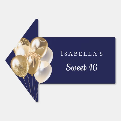 Sweet 16 navy blue gold balloons name arrow sign