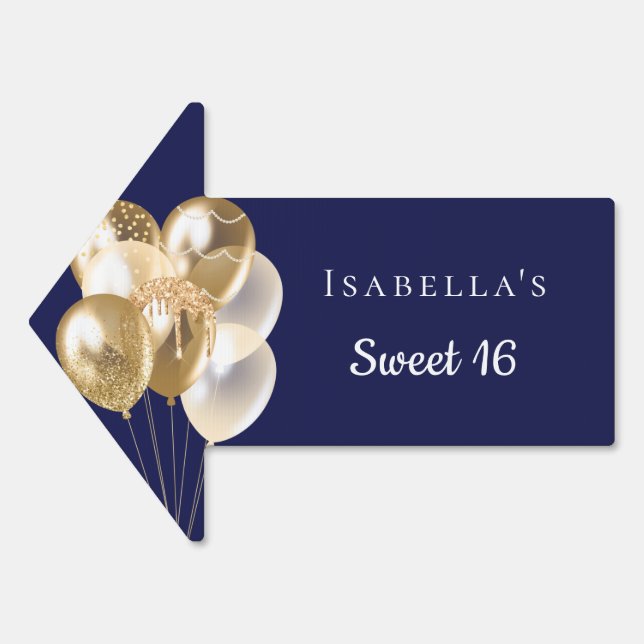 Sweet 16 navy blue gold balloons name arrow sign (Front)