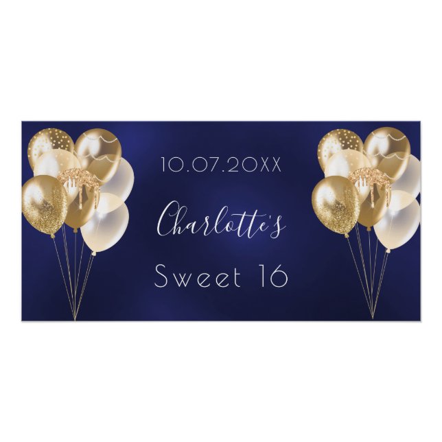 Sweet 16 navy blue gold balloons party poster (Front)