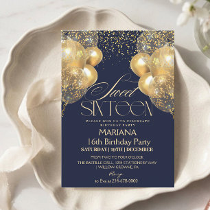 Sweet 16 Navy blue & Gold Balloons Photo Birthday Invitation