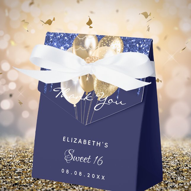 Sweet 16 navy blue gold balloons thank you favor boxes (Creator Uploaded)