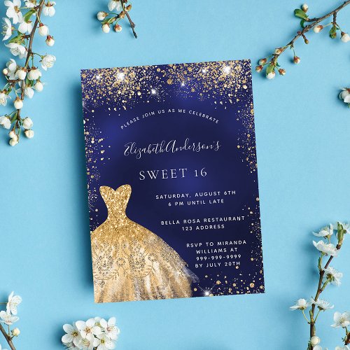 Sweet 16 navy blue gold dress luxury invitation
