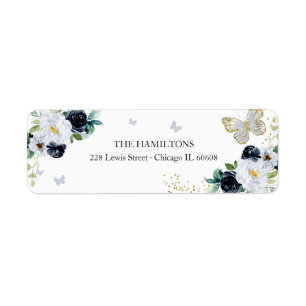 Sweet 16 Navy Blue Gold Floral Butterfly Label