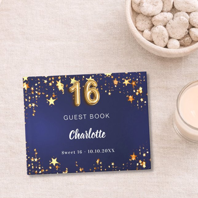 Sweet 16 navy blue gold stars guest book (Creator Uploaded)