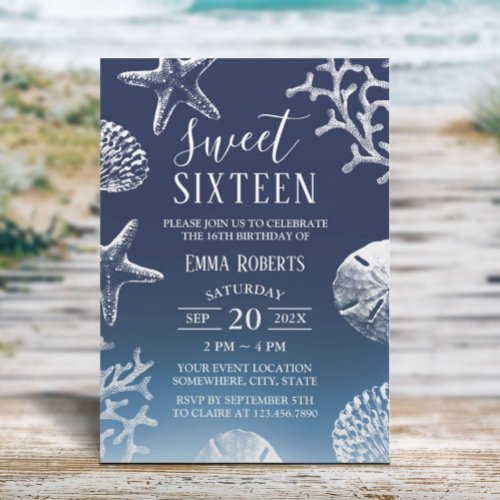 Sweet 16 Navy Blue Ombre Beach Starfish Seashells Invitation