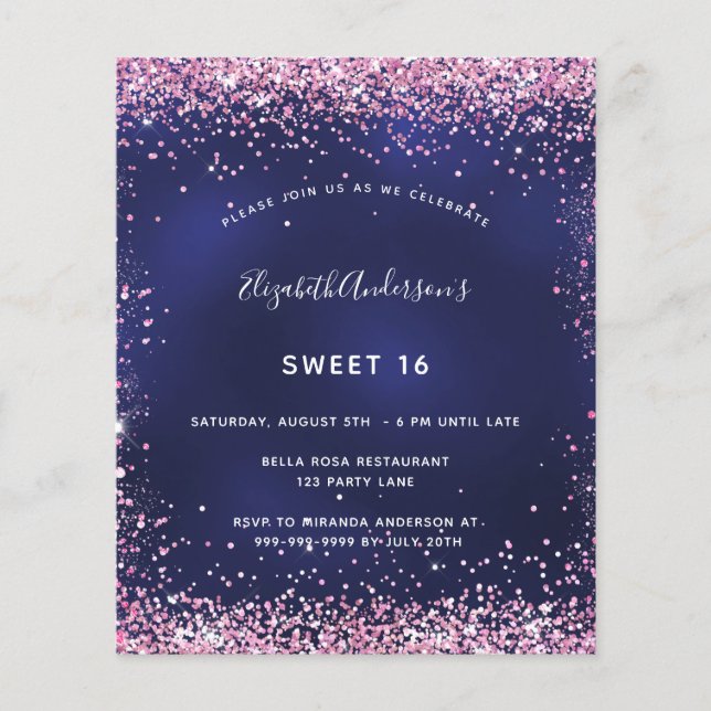 Sweet 16 navy blue pink glitter budget invitation flyer (Front)