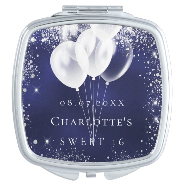 Sweet 16 navy blue silver glitter balloons compact mirror (Front)