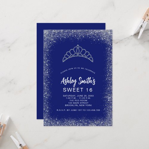 Sweet 16 Navy Blue Silver Glitter Diamond Tiara Invitation