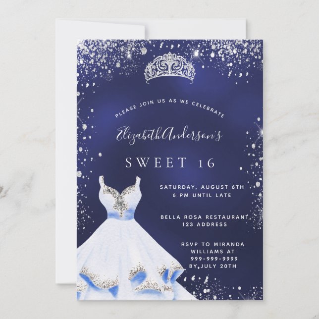 Sweet 16 navy blue silver glitter dress tiara invitation (Front)