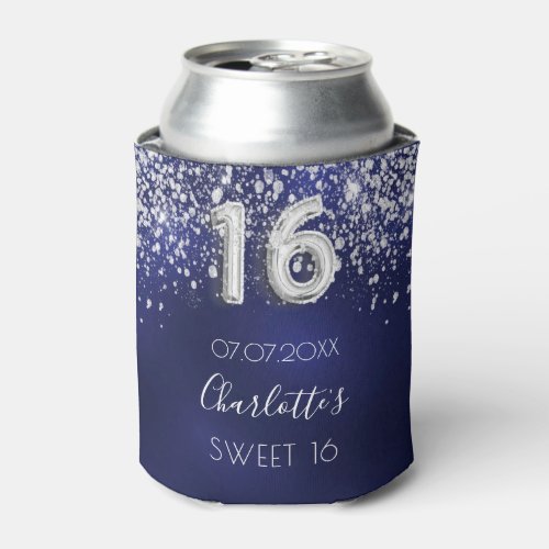 Sweet 16 navy blue silver glitter dust name can cooler