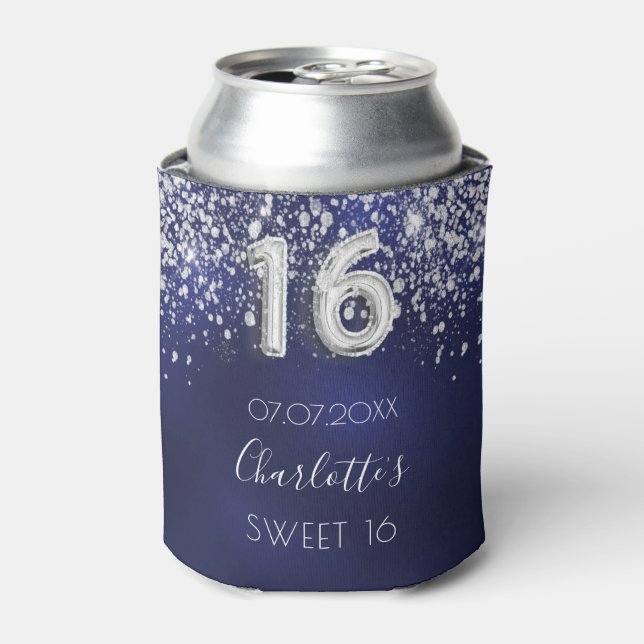 Sweet 16 navy blue silver glitter dust name can cooler (Can Front)