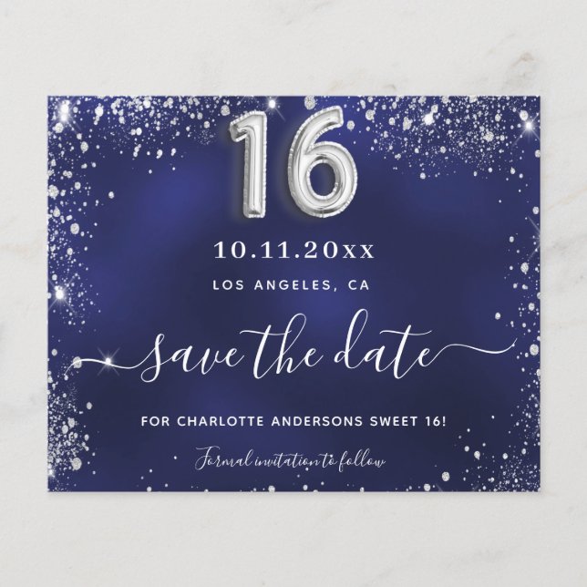 Sweet 16 navy blue silver glitter save date budget flyer (Front)