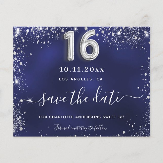 Sweet 16 navy blue silver glitter save date card (Front)