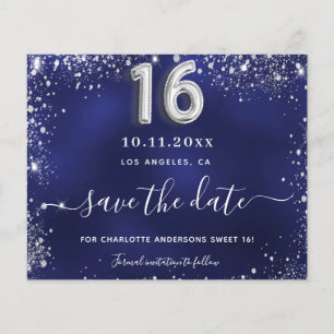 Sweet 16 navy blue silver glitter save date card