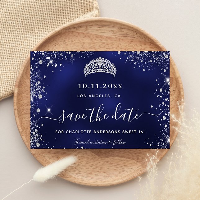 Sweet 16 navy blue silver glitter tiara save the date