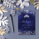Sweet 16 navy blue silver glitter tiara thank you card<br><div class="desc">A Sweet 16, 16th birthday thank you card. A navy blue background color, the blue color is uneven. Decorated with faux silver glitter, sparkles. On front large white hand lettered script and the text: Thank You. Back: Personalize and add Your thank you note and name. The name is written with...</div>