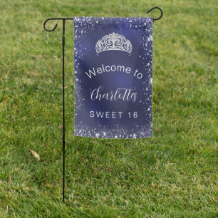 Sweet 16 navy blue silver glitter welcome garden flag