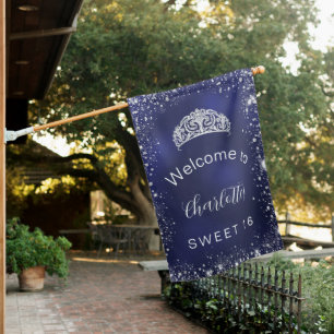 Sweet 16 navy blue silver glitter welcome house flag