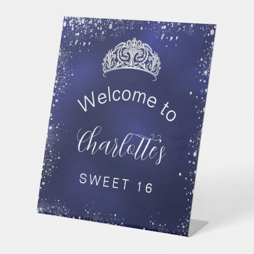 Sweet 16 navy blue silver glitter welcome pedestal sign