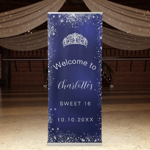 Sweet 16 navy blue silver glitter welcome retractable banner