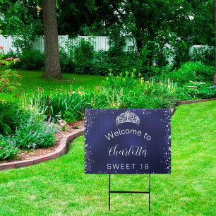 Sweet 16 navy blue silver glitter welcome sign