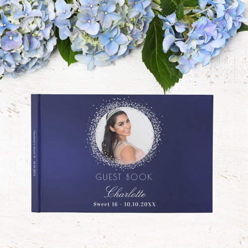 Sweet 16 navy blue silver photo glamorous guest book