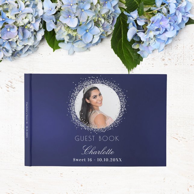 Sweet 16 navy blue silver photo glamorous guest book (Creator Uploaded)