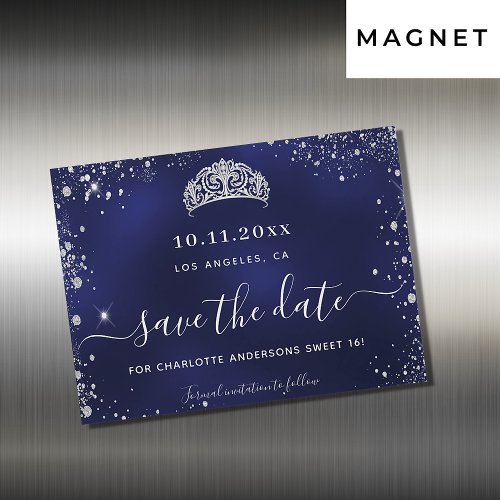 Sweet 16 navy blue silver save the date magnet