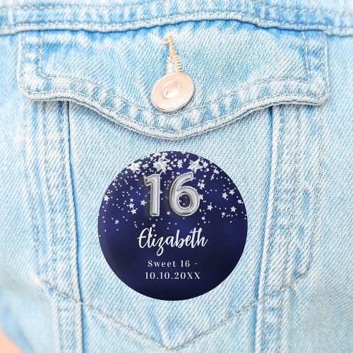 Sweet 16 navy blue silver stars button