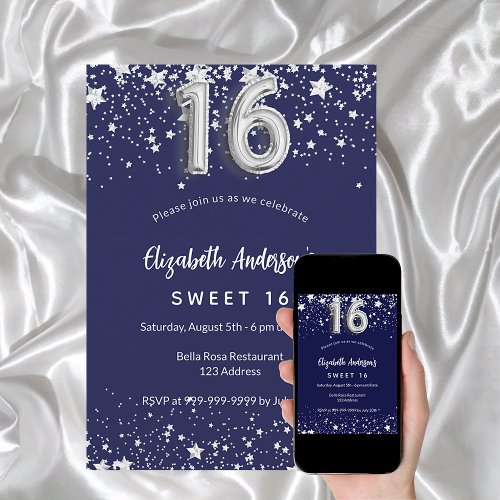 sweet 16 navy blue silver stars invitation