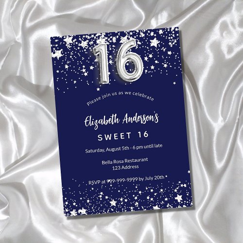 Sweet 16 navy blue silver stars invitation postcard