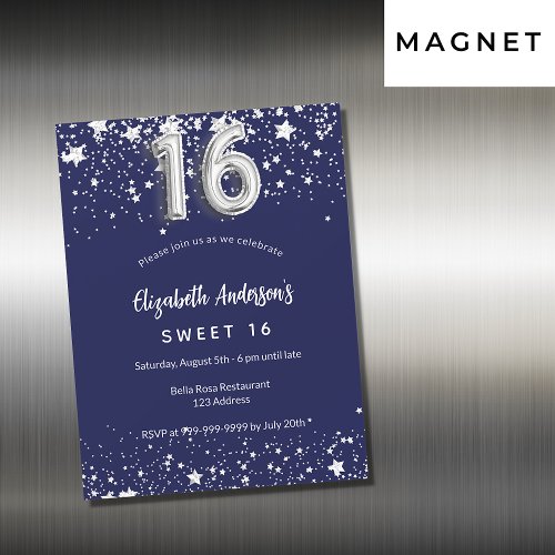 sweet 16 navy blue silver stars luxury magnetic invitation