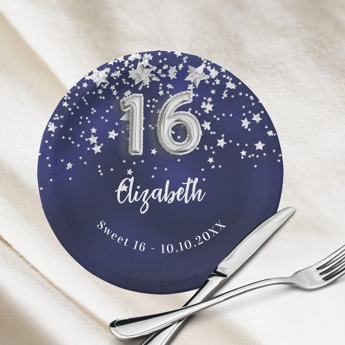 Sweet 16 navy blue silver stars paper plates