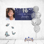Sweet 16 navy blue silver stars photo party banner<br><div class="desc">Celebrating a Sweet 16. A dark blue background. The blue color is uneven. Decorated with faux silver stars. Personalize and add your own photo of the birthday girl. Use a vertical/portrait size photo. The text: The name in gray with a modern hand lettered style script. Personalize and add a name,...</div>
