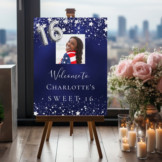 Sweet 16 navy blue silver stars photo welcome foam board (Creator Uploaded)