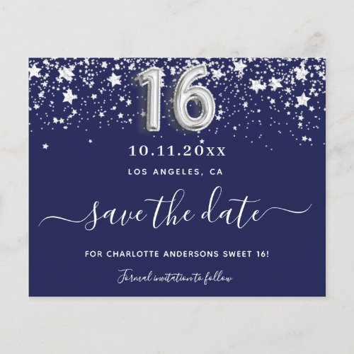 Sweet 16 navy blue silver stars save date budget flyer