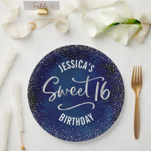 Sweet 16 Navy Blue Watercolor Silver Bold Birthday Paper Plates
