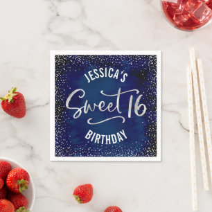 Sweet 16 Navy Blue Watercolor Silver Glam Birthday Napkins