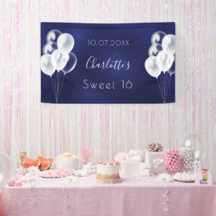Sweet 16 navy blue white balloons party banner