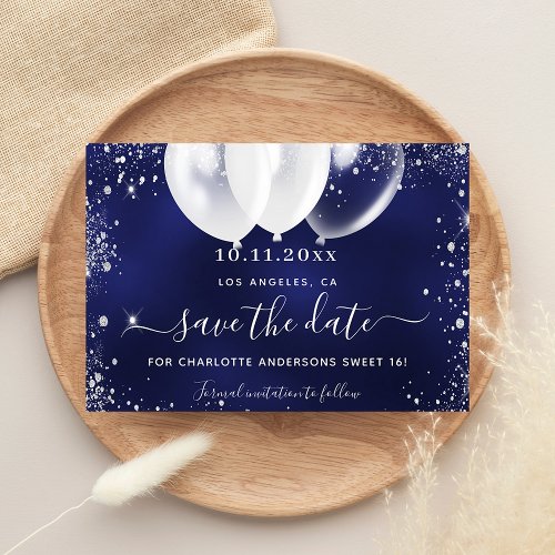 Sweet 16 navy blue white balloons save the date announcement postcard