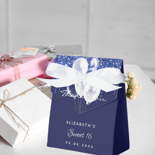 Sweet 16 navy blue white balloons thank you favor boxes