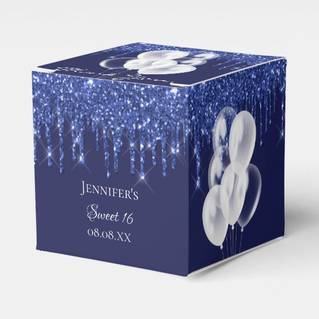 Sweet 16 navy blue white balloons thank you favor boxes (Front Side)