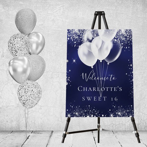 Sweet 16 navy blue white balloons welcome foam board